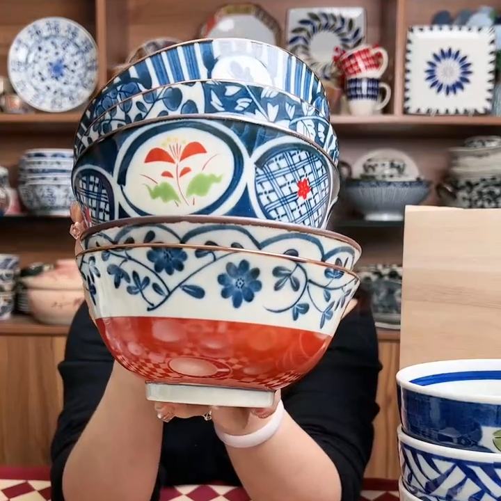 日本进口京古染面碗5件套(木盒)礼盒装釉下彩大碗家用陶瓷日式