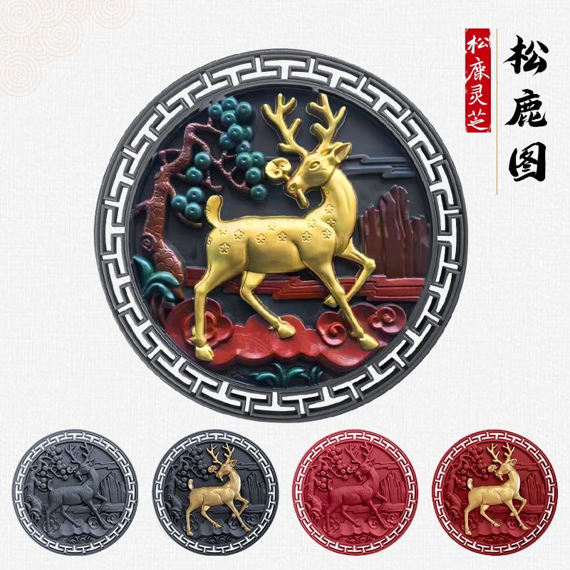 90圆形松鹿仿古树脂彩绘塑料浮雕墙面装饰新中式挂件客厅门口围墙