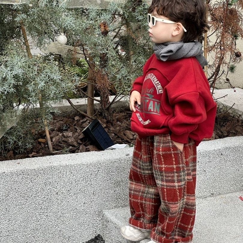 优选男童女孩套装冬季新款圣诞加绒卫衣复古格子裤套装网红洋气新