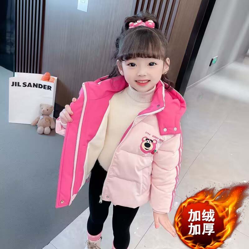 优选女童棉服加绒加厚女宝宝冬装连帽外套儿童免洗棉衣小女孩加厚