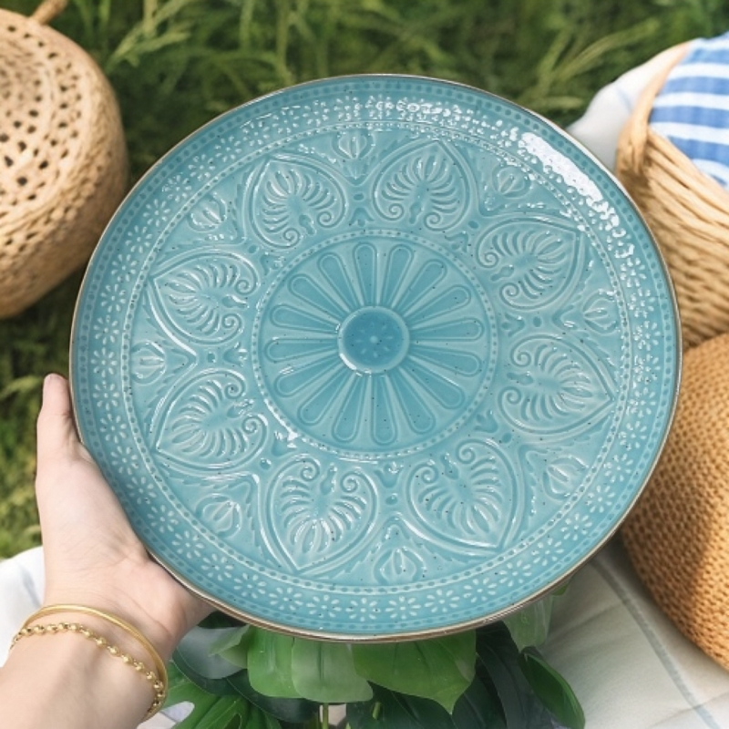 265微瑕品10.5英寸麻点绿色浮雕大盘西餐盘