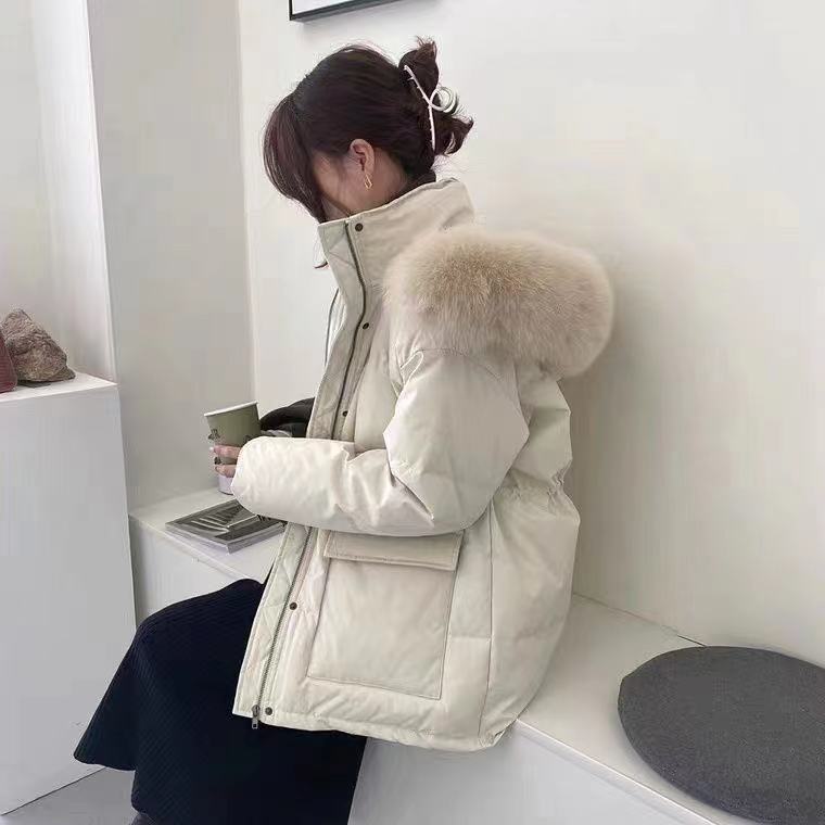 波司豋羽绒服女短款2023新款网红大毛领韩版宽松加厚白鸭绒冬装反
