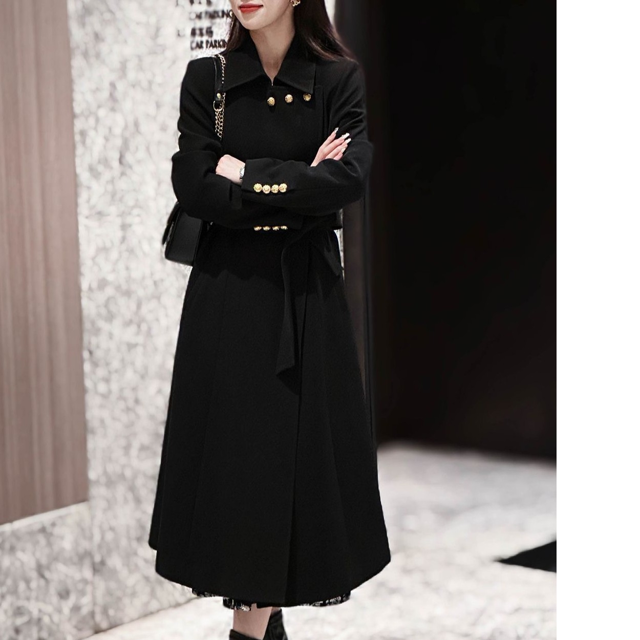 高端轻奢赫本风黑色长款风衣女新款时尚邦带气质秋冬修身显瘦外套