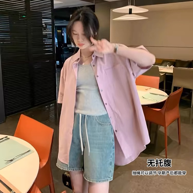 孕妇短裤夏季外穿薄款显瘦抽绳无托腹宽松阔腿五分牛仔短裤子夏装