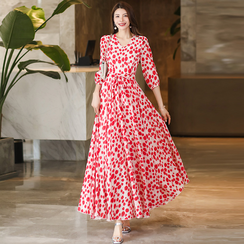 香衣丽华09-248夏秋长款过膝连衣裙修身显瘦气质简约大摆连衣裙