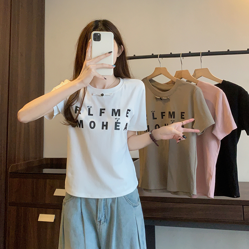 2024夏装新款胖mm大码女韩版印花圆领盘扣正肩短袖T恤