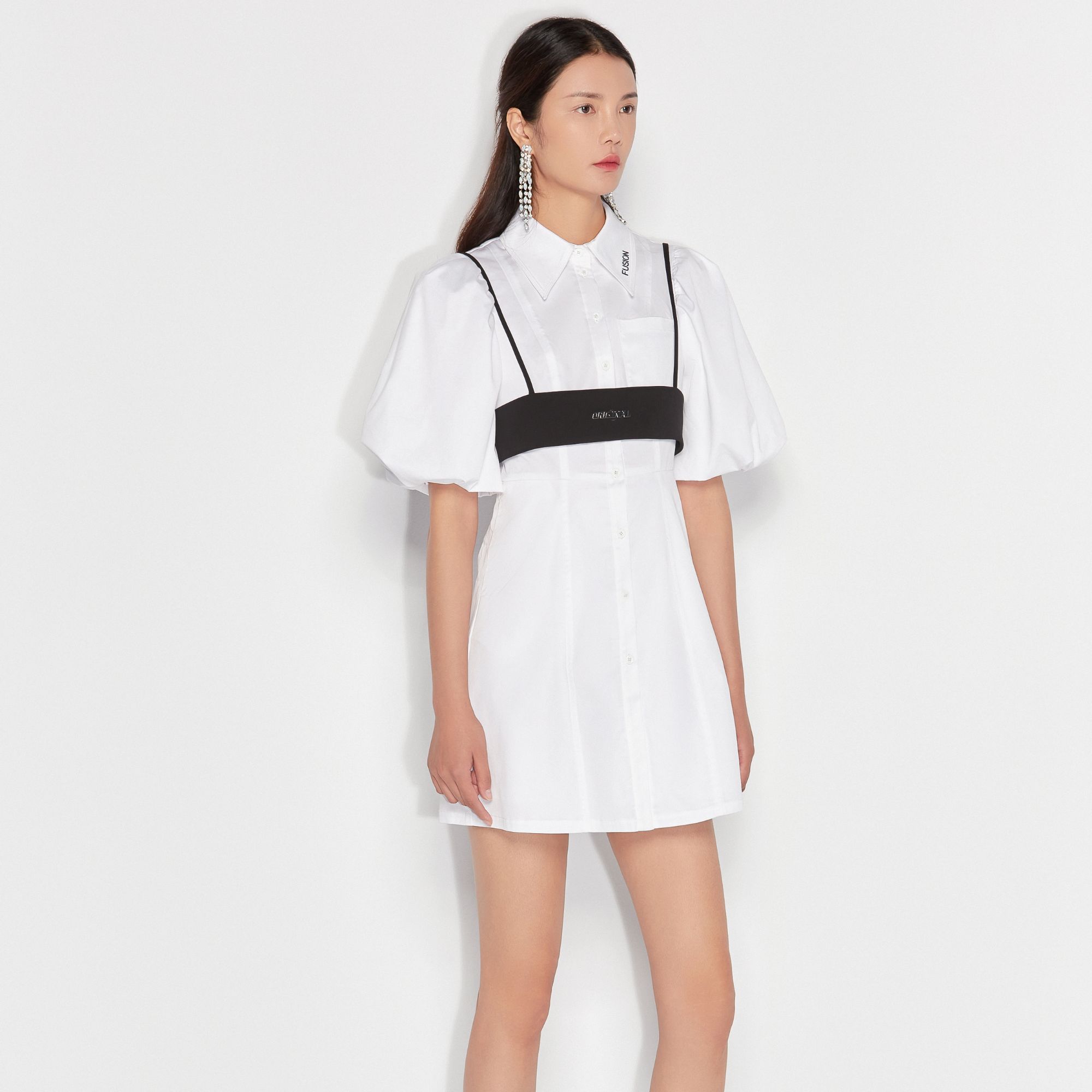 △ochirly欧时力 泡泡袖连衣裙配腰封娃娃裙衬衫裙