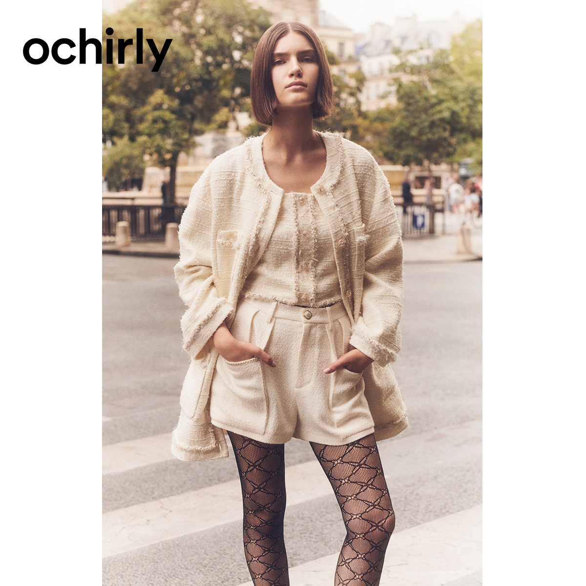 7220【赵老板专属】欧时力粗花呢小香风短裤秋冬直筒裤镶链条千金