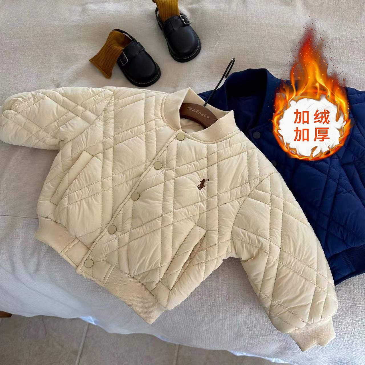 儿童韩国加绒童装2023冬新男女童刺绣加厚棉服宝宝夹棉外套棒球服