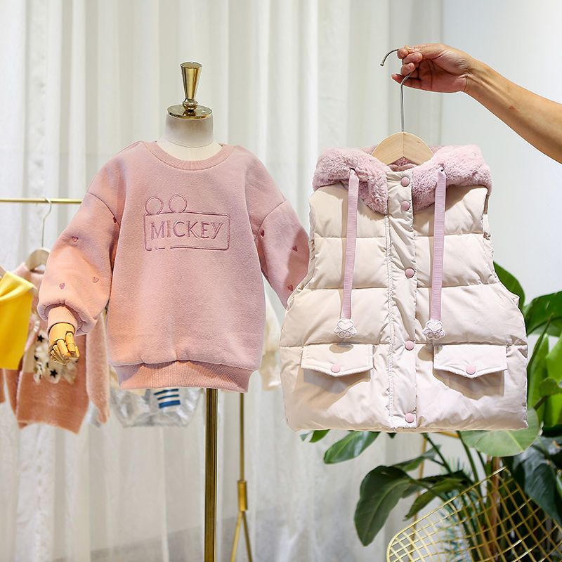 女童马甲冬装加绒卫衣加厚儿童棉马甲套装冬外穿2023新款韩版洋气
