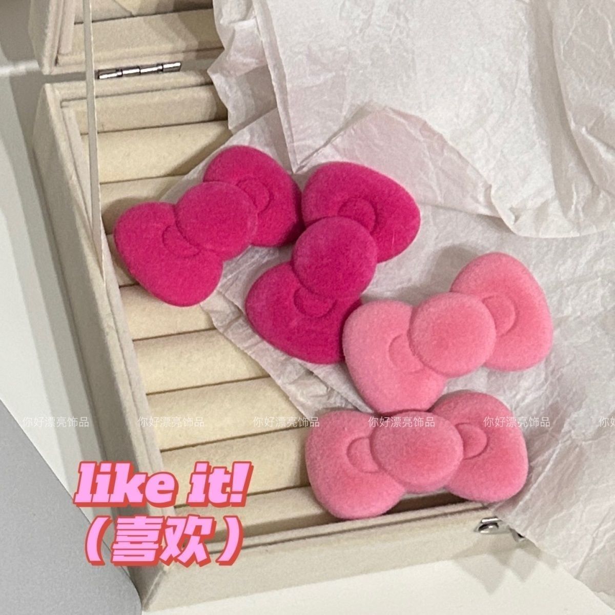 植绒圆蝴蝶结发夹ins粉嫩少女发卡甜美学生刘海边夹秋冬新款发饰