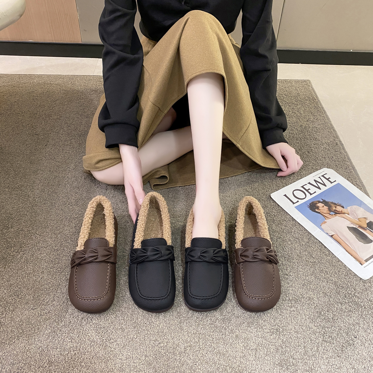 冬季加绒豆豆鞋女2023新款网红保暖毛毛鞋英伦风乐福单鞋外穿棉鞋