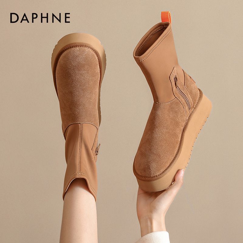 达芙妮铅笔雪地靴女冬2025爆款厚底加绒保暖弹力袜靴皮毛一体棉鞋