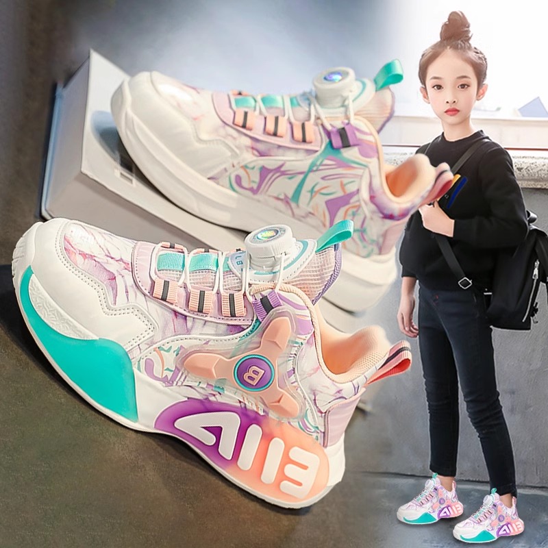 鸿尔克星女童运动鞋冬季旋钮儿童加绒保暖老爹鞋中大童皮面篮球鞋