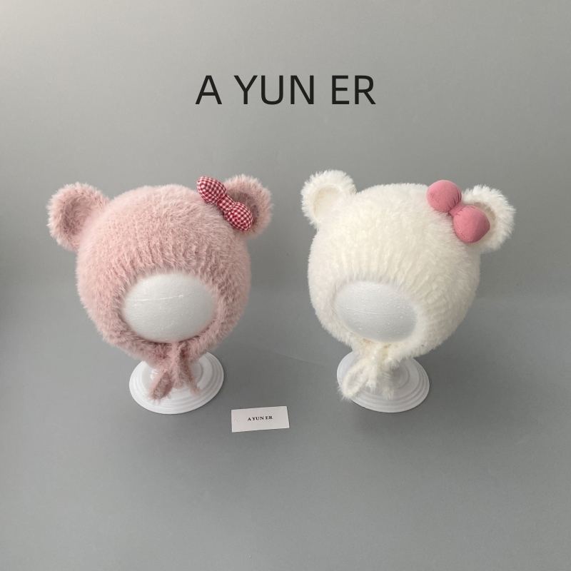 婴儿帽子秋冬季可爱公主蝴蝶结女宝宝毛绒护耳帽保暖婴幼儿针织帽