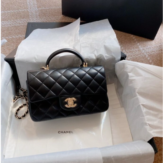 全新未使用 Chanel/香奈儿 小花6枫CF口盖包大Mini 配手柄 黑色