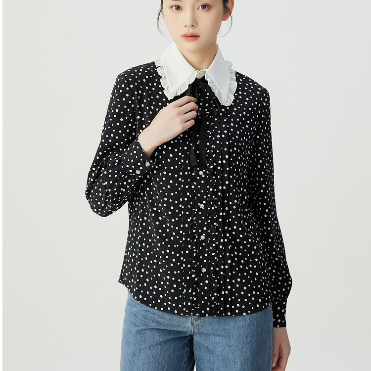 GIRDEAR/哥弟翻领撞色木耳边美式复古长袖衬衫1300973