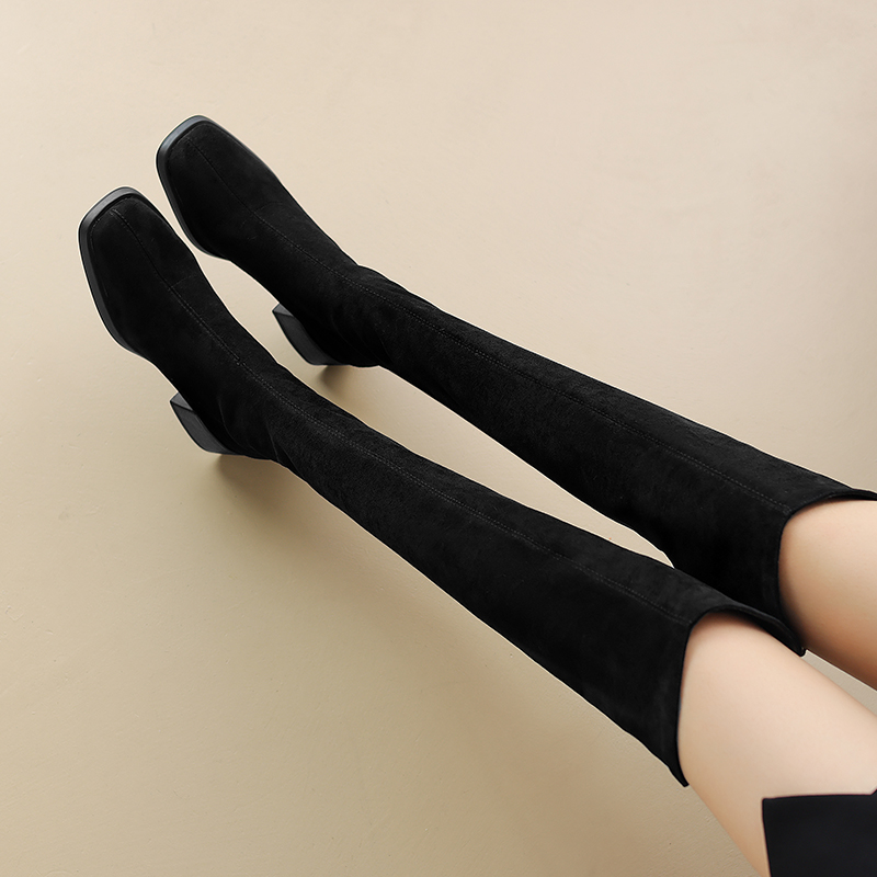 大码过膝长靴女41一43秋冬绒面方头中跟显瘦弹力长筒靴粗跟高筒靴