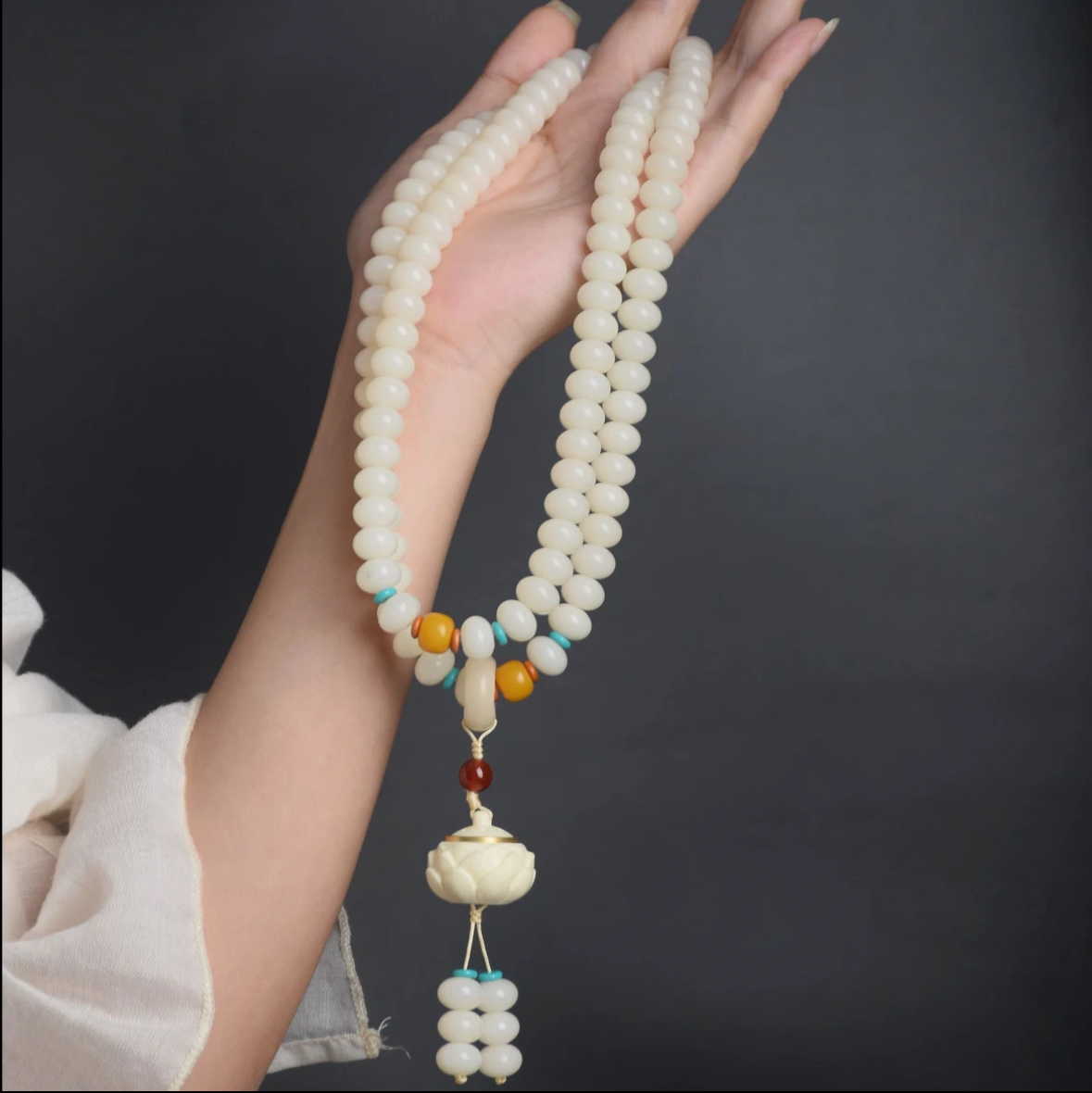 原生态菩提 奶油白菩提根手串手持108颗念珠配玲珑香囊（送三瓶香）