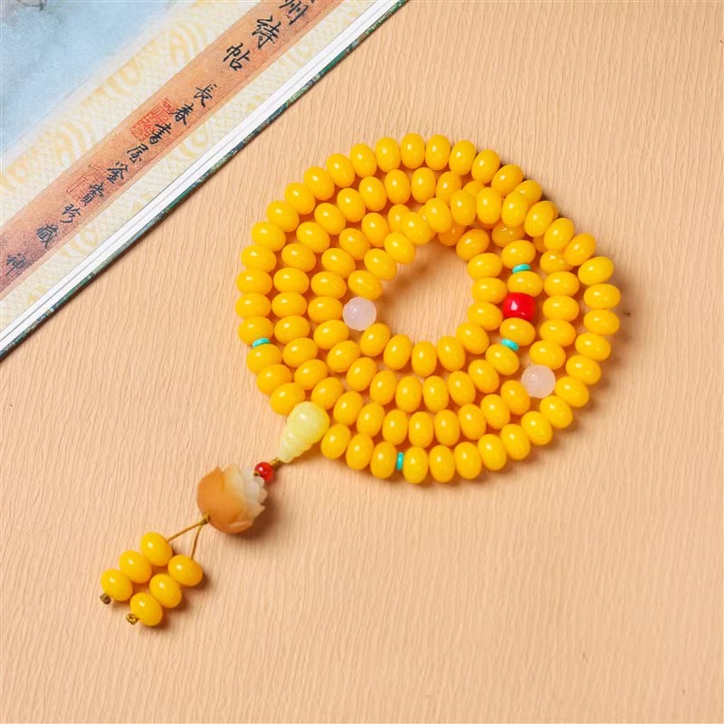 原生态黄菩提108颗 玉化算盘珠多圈菩提子念珠配雕刻莲花文玩手串