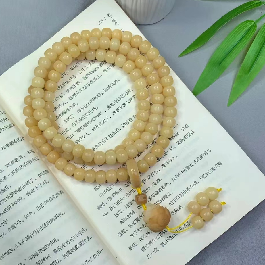 天然玉化料奶油黄菩提根108颗  原创手工手串脖挂念珠（送盘玩袋）