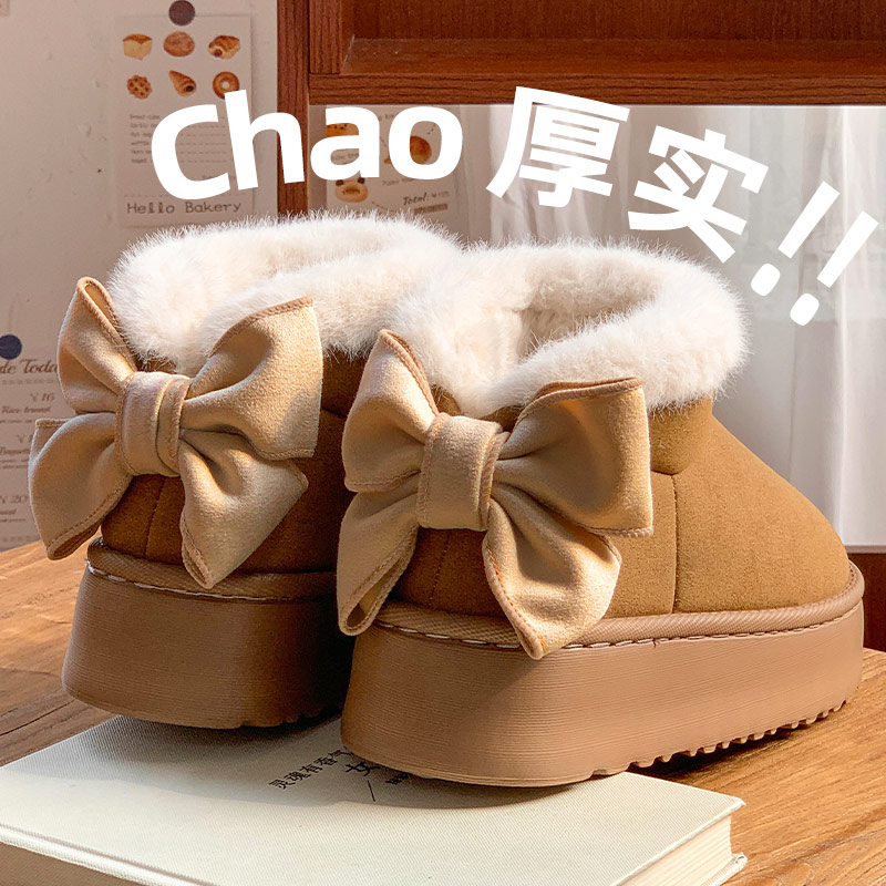 加绒软底加厚新款休闲冬季蝴蝶结棉鞋后跟居家雪地靴百搭舒适外穿