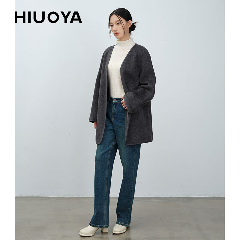 HIUOYA【国庆特惠】中长款大衣简约外套女大衣24470917