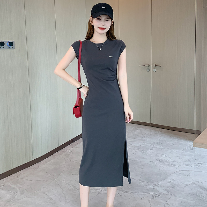 后妈裙2025新款爆款洋气韩版修身显瘦开叉长款小黑裙子夏天连衣裙