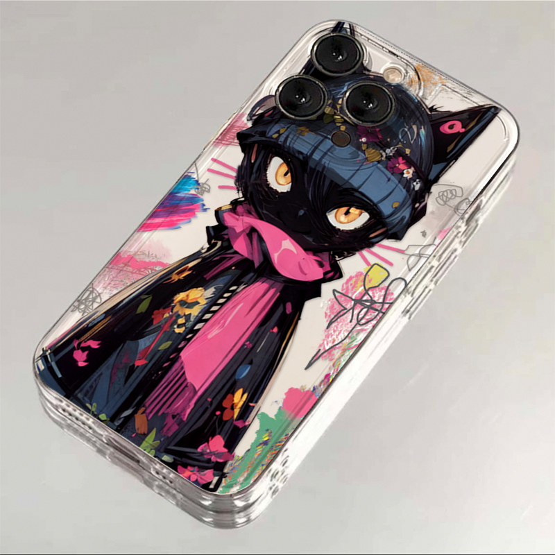 涂鸦酷黑猫苹果15手机壳iPhone14promax新7/8plus软壳13/12/11/xr