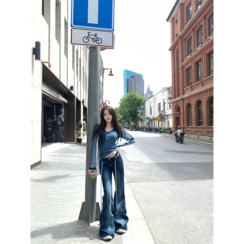 高级设计感时尚气质撞色薄款长袖T恤上衣女夏季高腰直筒牛仔长裤