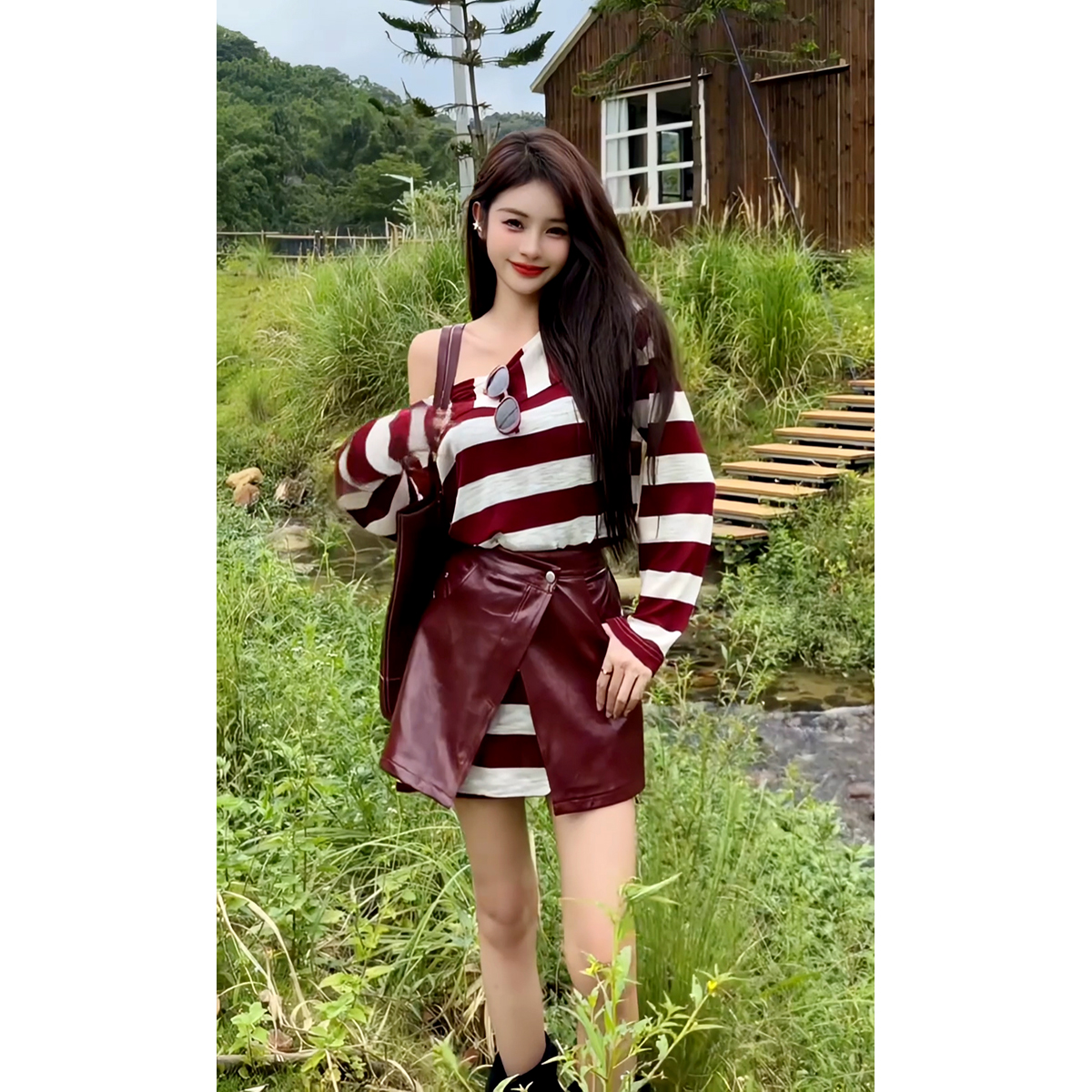 早秋新款不规则斜肩设计撞色条纹T恤上衣女2024时尚气质半身短裙