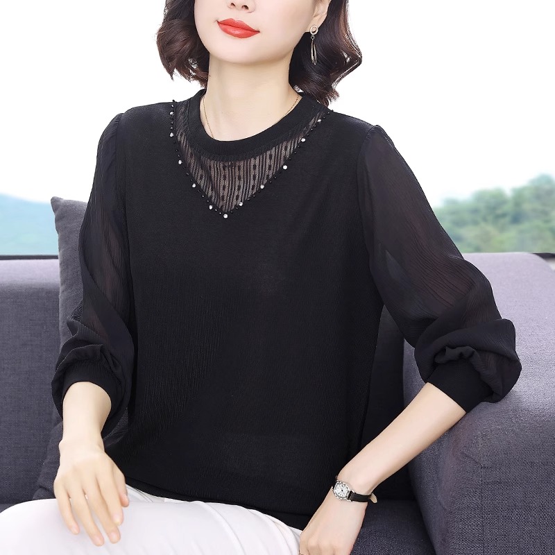 洋气黑色蕾丝打底衫女春秋2025新款妈妈网纱长袖T恤女士内搭上衣
