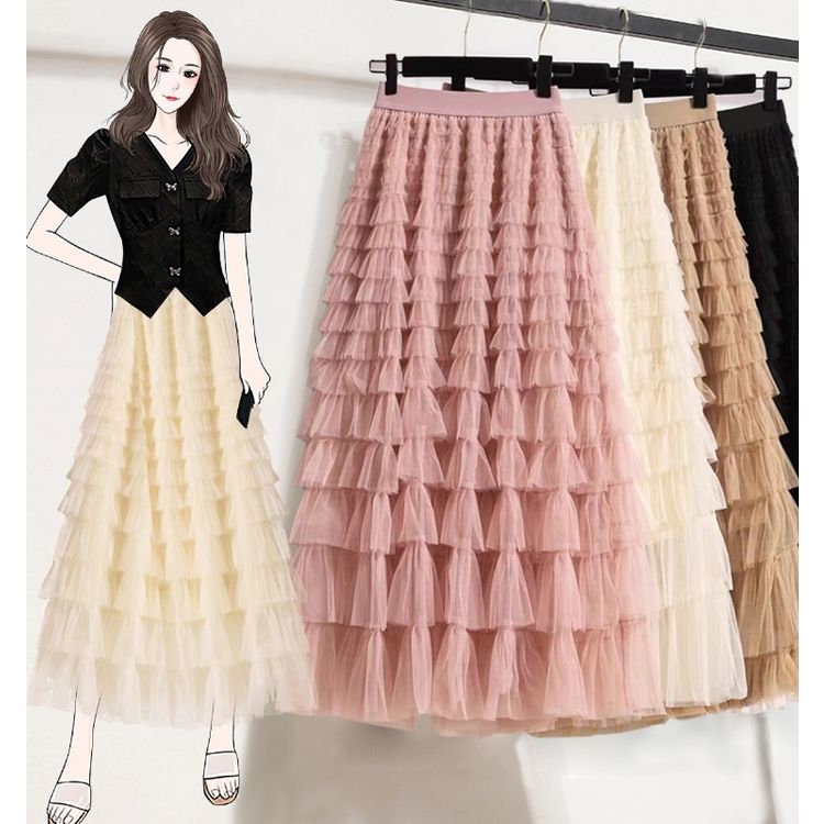 高腰蛋糕裙女半身裙2023设计感小众显瘦网纱裙长裙蓬蓬裙
