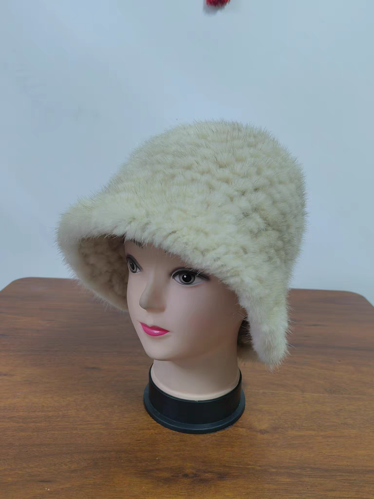 新款冬季保暖水貂毛编织渔夫帽显脸小盆帽潮搭桶帽真毛女皮草帽子