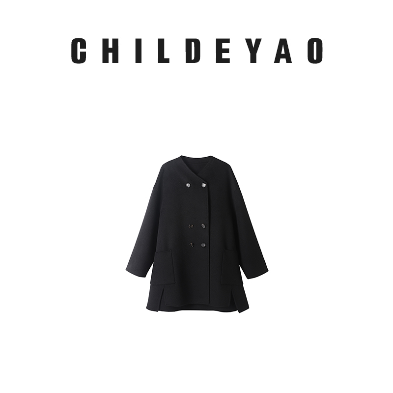 Childe Yao【如愿】+单色双面呢毛呢外套女新款款羊毛大衣黑色106