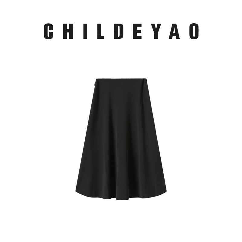 Childe Yao【简约】 过膝半身裙夏季遮胯显瘦中长裙黑色大摆裙1039