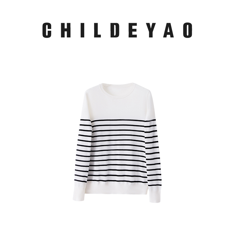 Childe Yao黑白条纹圆领套头羊毛衫女秋新款显瘦羊毛上衣MY-082