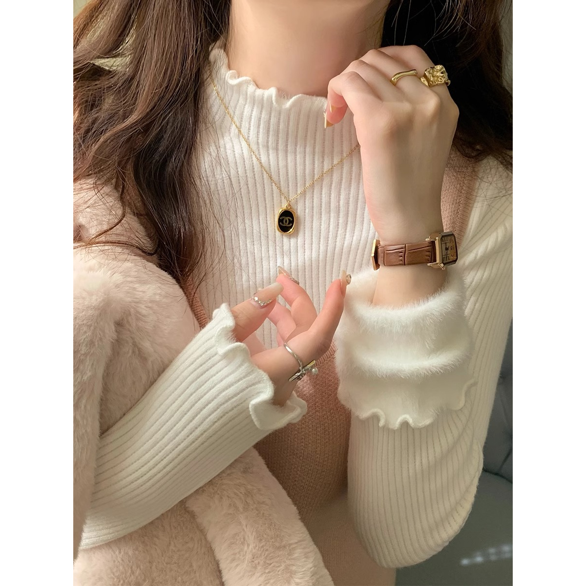 半高领一体绒打底衫女内搭秋冬新款加绒加厚毛衣洋气木耳边针织衫