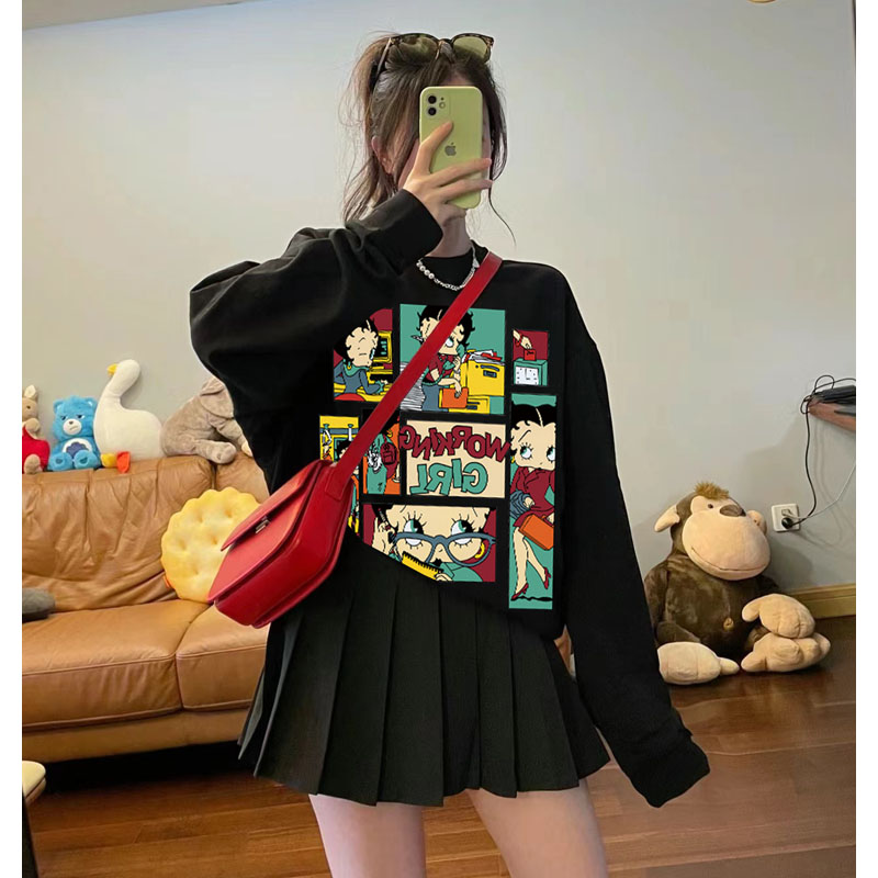 港风ins贝蒂印花长袖潮牌百搭t恤秋冬正肩上衣洋气情侣装打底衫