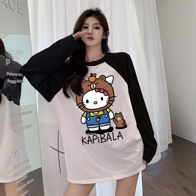 港风insKT猫纯棉打底衫潮牌百搭t恤秋冬洋气女装纯棉长袖情侣装