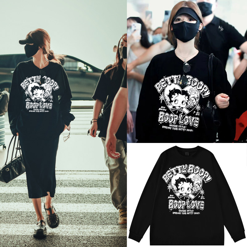 港风ins卡通印花长袖潮牌百搭t恤秋冬正肩上衣洋气情侣装打底衫