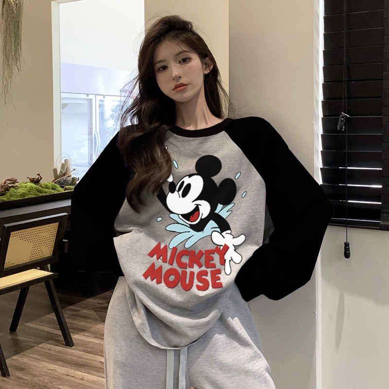 港味ins米奇拼接纯棉印花长袖潮牌百搭t恤上衣洋气情侣装打底衫