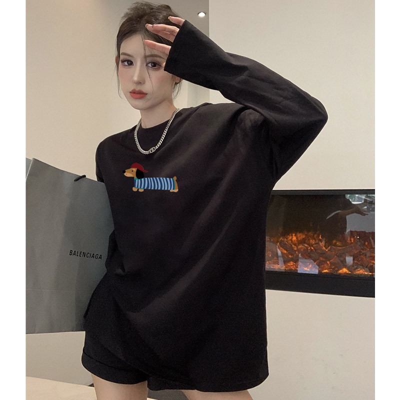 韩版腊肠狗卡通印花长袖上衣时尚潮牌ins情侣装网红洋气炸街女装