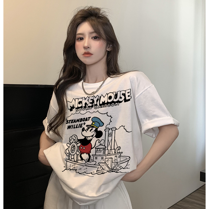 夏季米奇印花正肩小个子女款半袖百搭tT恤韩版休闲t恤纯棉短袖
