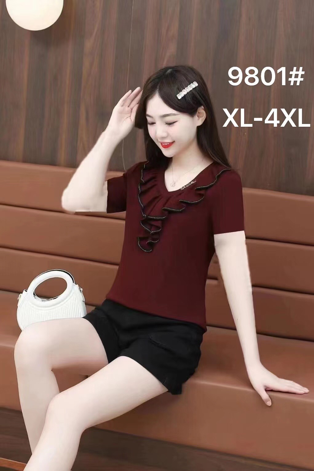 夏季新款女装V领设计木耳多边花十足女女范