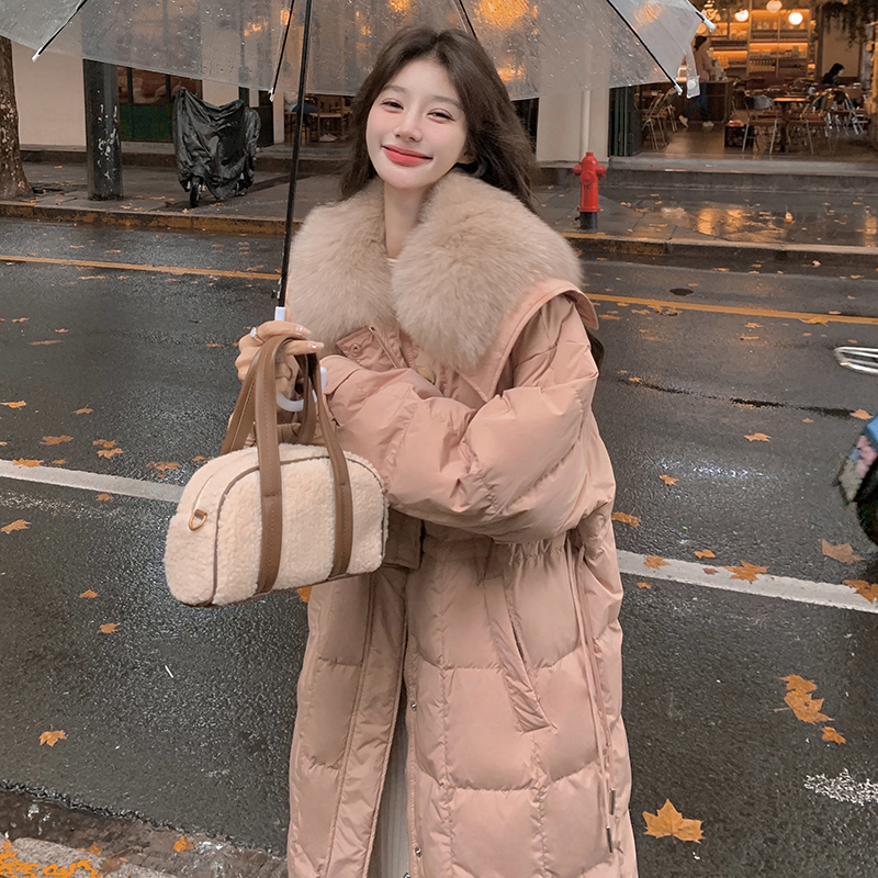 可拆卸真狐狸毛领白鸭绒羽绒服女冬季中长款收腰显瘦宽松羽绒袄爆