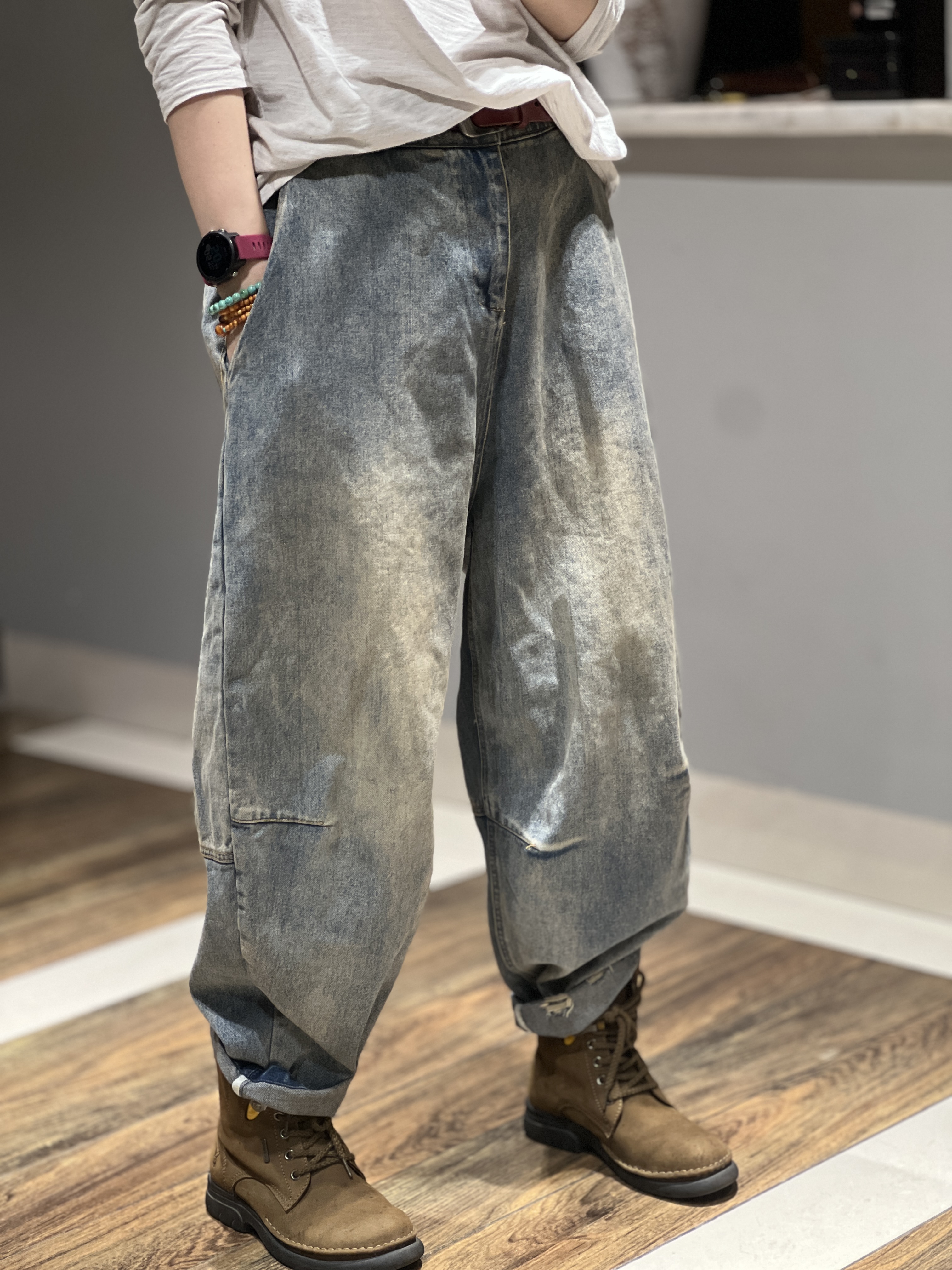 2025秋 复古个性原创气质百搭宽松显瘦做旧炒色休闲牛仔弯月裤