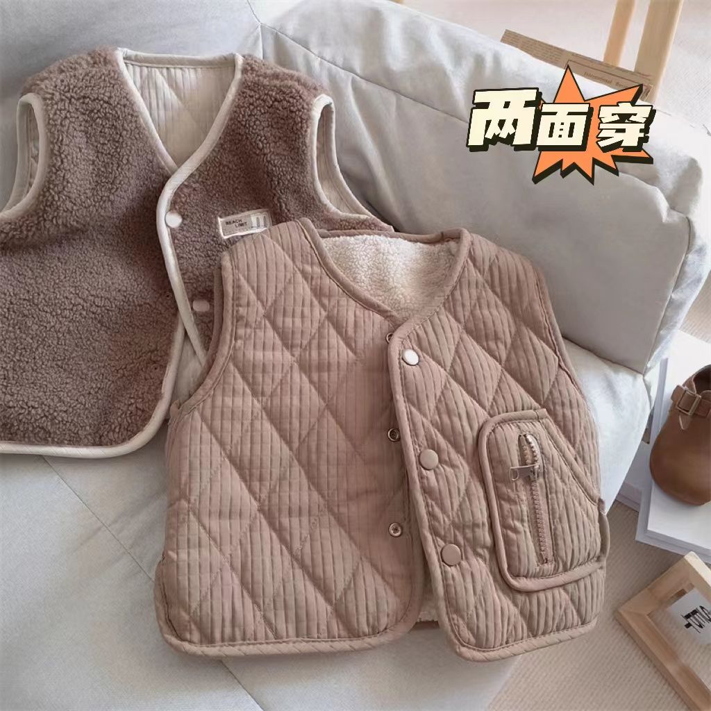 吗咔巴卡儿童秋冬款加厚保暖坎肩男女童马甲韩版复古百搭羊羔绒
