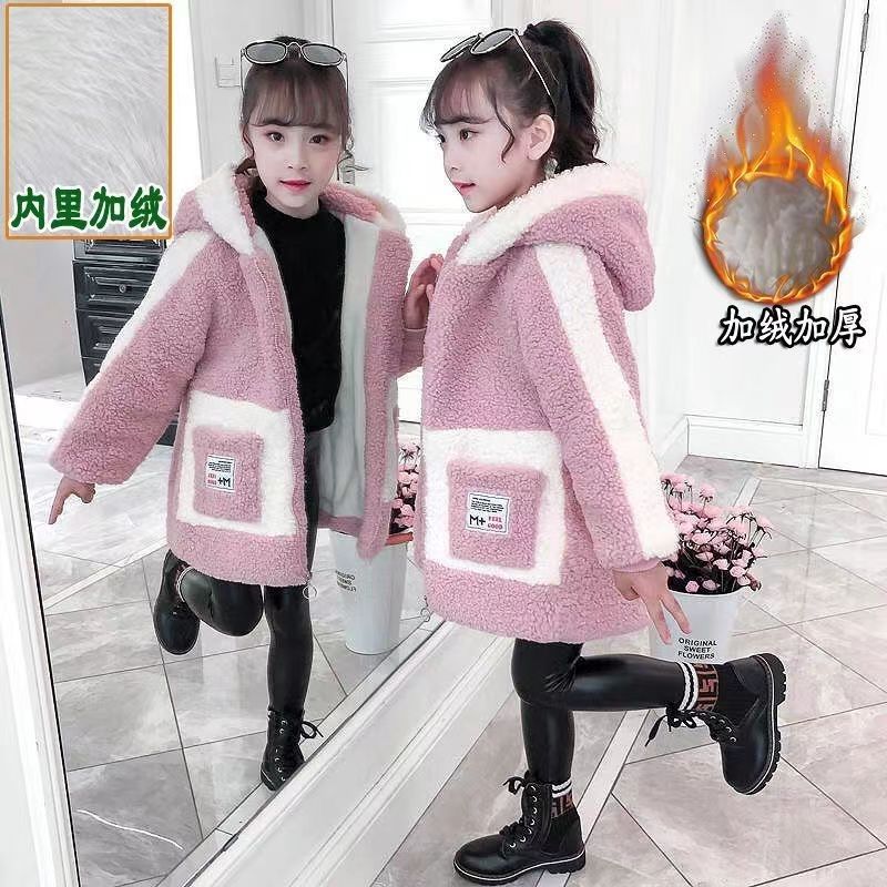 吗咔巴卡女童冬装羊羔绒棉衣中长款加绒加厚棉服2023中大童儿童
