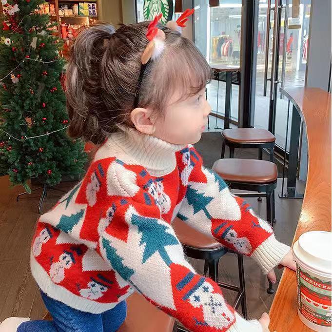 吗咔吧咔女童毛衣2023款新款加厚套头宝宝洋气冬装保暖高领儿童诞
